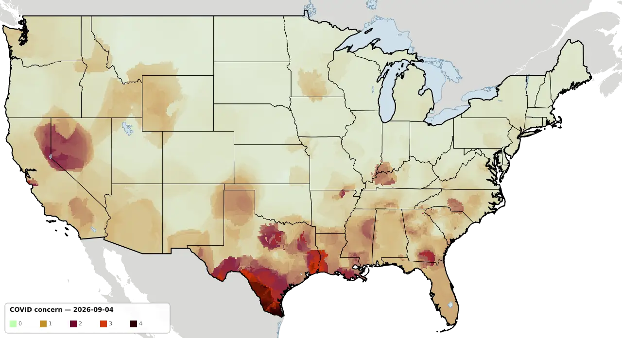 COVID concern across the continental United States, most recent week